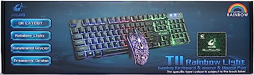 Gaming Keyboard and Mouse Set, 104 Keys UK Layout QWERTY Rainbow Backlit Keyboard, 2400 DPI 4 Buttons Colorful Mice, Comfortable MousePad, USB Wired, Compatible with Windows Mac PC PS4, White