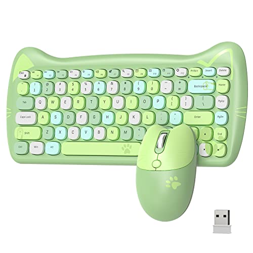 AJAZZ A3060 - Cute Cat Colorful Green PC Wireless Keyboard and Mouse Set USB, Retro Typewriter Round Key caps 65 percent, Small Cordless Aesthetic Mouse, Compatible Mac Laptop Computer for office game