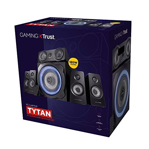 Trust Gaming GXT 658 Tytan 5.1 Surround Sound Speaker System, PC Speakers with Subwoofer, UK Plug, LED Illuminated, 180 W - Black/Blue