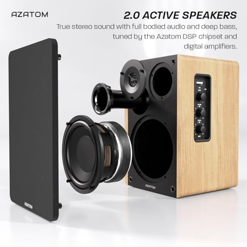 AZATOM EB100 Powered Bookshelf Hifi Speakers, 2.0 Active, Bluetooth, Wired, Wooden Enclosure, Perfect for Music, Vinyl records, Home Theatre, Gaming, Laptops, PC, 50 Watts (Oak)