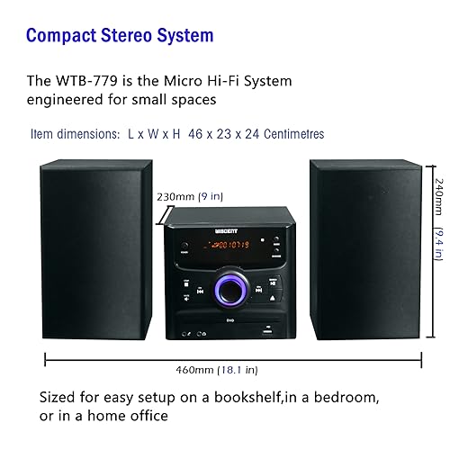 WISCENT Hi-Fi Compact Stereo Systems with Bluetooth, FM Radio,CD Player,Micro DVD Player for Home,USB-MP3 Playback,AUX,MIC,Remote Control,30W, Hi Fi Music System,DSP-Tech