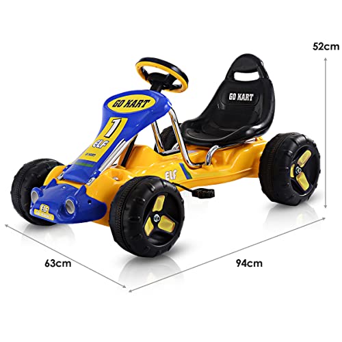 COSTWAY Kids Go Kart, Quad Style Ride On Racer with Adjustable Seat & Non-Slip Wheels, Children Pedal Go-karts for Boys and Girls (Yellow)