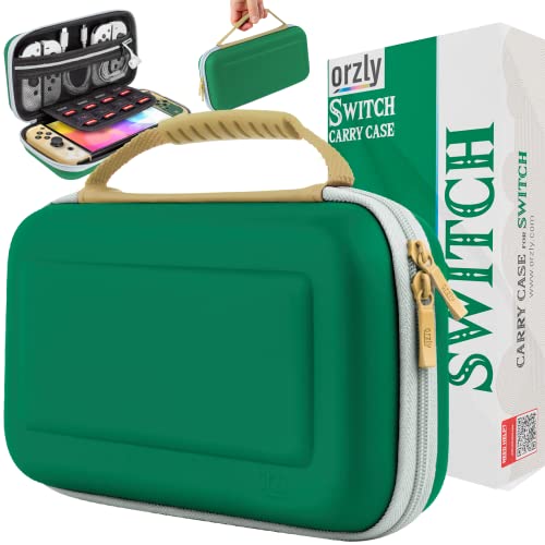 Orzly Switch Case for Nintendo Switch Oled and standard Switch console with accessories and Games storage compartment - Designed for Zelda fans Gift boxed Edition Green Gold White carrying case