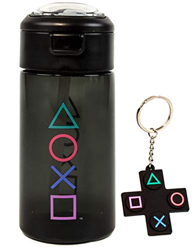 PlayStation Water Bottle & Keychain Gift For Adults & Kids | Gaming Sports Drink 18oz | Boy & Girl Gamer Present | Black Waterproof & Straw Drinking Cup