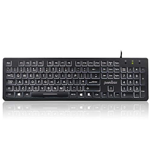 Perixx Periboard-317 Wired USB White LED Backlit Keyboard, Big Print Illuminated Keys, UK QWERTY, Black