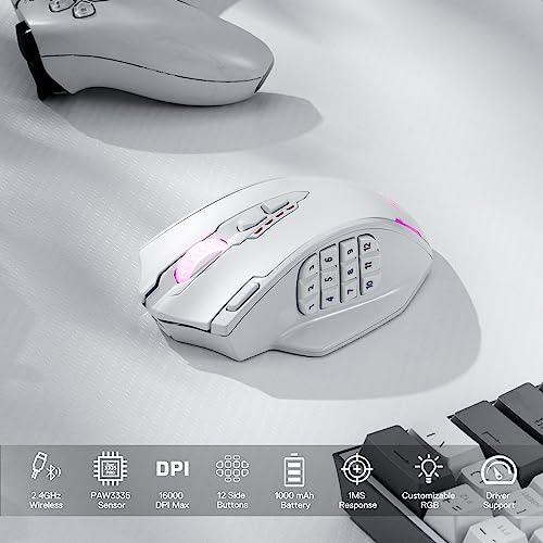 Redragon M913 Impact Elite Wireless Gaming Mouse, 16000 DPI Wired/Wireless RGB Gamer Mouse with 16 Programmable Buttons, 45 Hr Battery and Pro Optical Sensor, 12 Side Buttons MMO Mouse,White