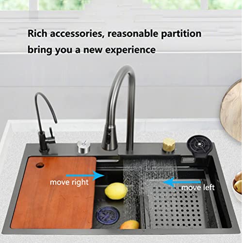 Kitchen Sink,Raindance Waterfall Sink,304 Stainless Steel Sink,Domestic Sink Set,Integrated Sink with Removable Faucet (68×45×21cm)