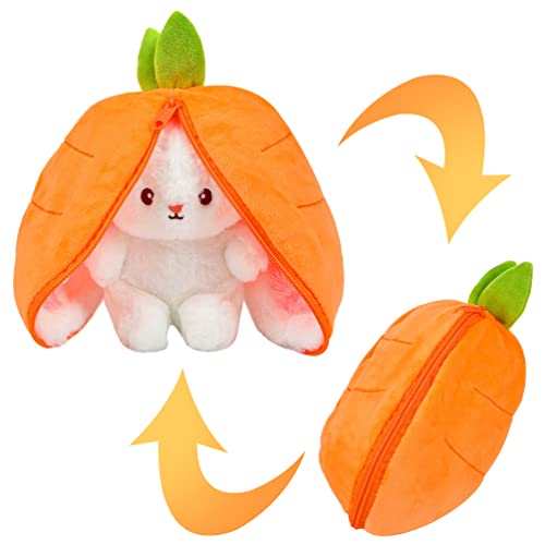 Vibbang Bunny Stuffed Plush Toy, Reversible Bunny Carrot Strawberry Pillow Sweet Soft Plush Toy with Zipper, Cute Decoration Rabbit Plush Toy for Boys Girls Kids & Adults Ideal Fluffy Gift (Orange)