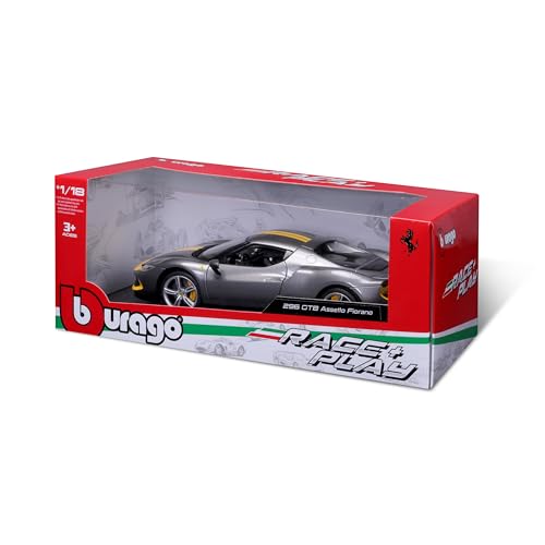 Bburago 1/18 FERRARI-296 GTB-Grey and Yellow | Scale Model car for Children | for Ages 3+ | 16017GR