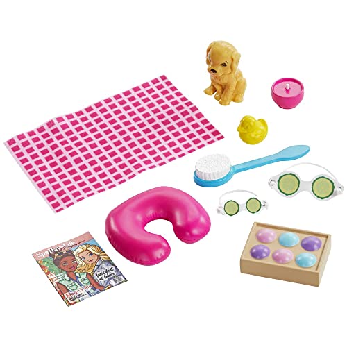 Barbie Spa Doll, Blonde, with Puppy and 9 Accessories, Including Neck Pillow, Rubber Duck and Cucumber Eye Masks, Gift for Kids 3 to 7 Years Old