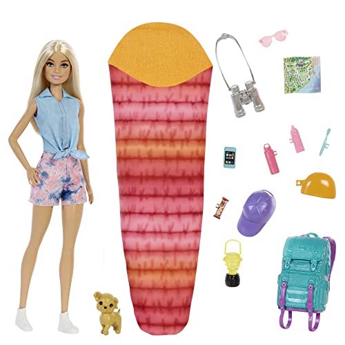 Barbie It Takes Two Doll Camping Playset, Barbie Doll with Blonde Hair, Toy Puppy, Sleeping Bag and 10 Doll Accessories, Toys for Ages 3 and Up, One Doll, HDF73