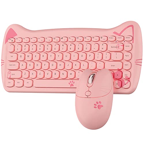 AJAZZ A3060 - Cute Cat Pink PC USB Wireless Keyboard and Mouse Set, 84 Keys Retro Typewriter Round Key caps 65 percent, Small Cordless Aesthetic Mouse, Compatible Mac Laptop Computer for office game
