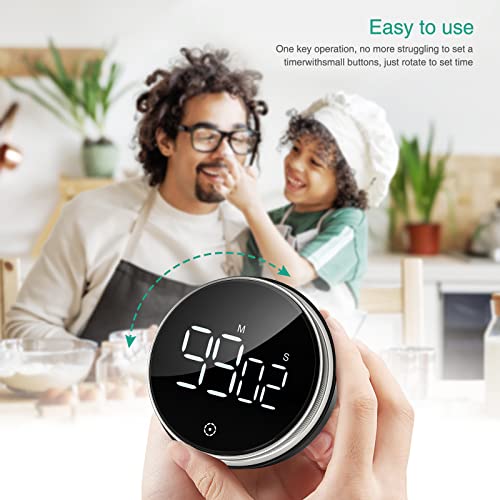 ORIA Home Kitchen Timer, 3 Inch Large LED Digital Timer, Magnetic Countdown Countup Timer for Classroom Fitness Teaching, 3-level Volume Alarm for Cooking/Study/Exercise (Ridged Knob) - Black & Silver