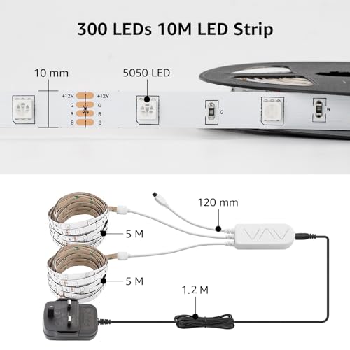 LE Alexa Smart LED Strip Light 10M (5Mx2) 300 LEDs, WiFi RGB LED Lights for Bedroom, Smart Life App Control, Works with Alexa & Google Assistant, Colour Changing Strip Lights for Kitchen Christmas