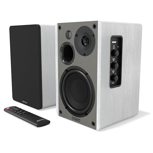 AZATOM EB100 Powered Bookshelf Hifi Speakers, 2.0 Active, Bluetooth, Wired, Wooden Enclosure, Perfect for Music, Vinyl records, Home Theatre, Gaming, Laptops, PC, 50 Watts (White)