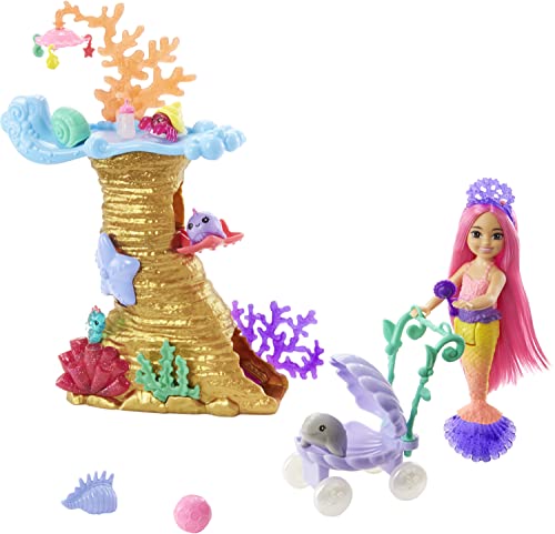 Mermaid Barbie Nurturing Playset, Chelsea Mermaid Doll with 4 Pets and Coral Reef Play Area, Stroller and Accessories, HHG58