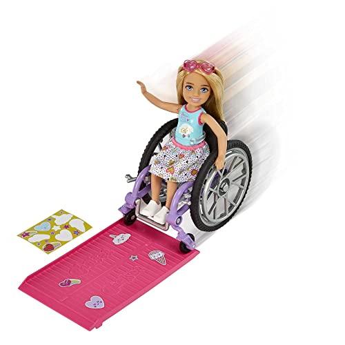 Barbie Chelsea Doll & Wheelchair, with Chelsea Doll (Blonde), in Skirt & Sunglasses, with Ramp & Sticker Sheet, Toy for 3 Year Olds & Up