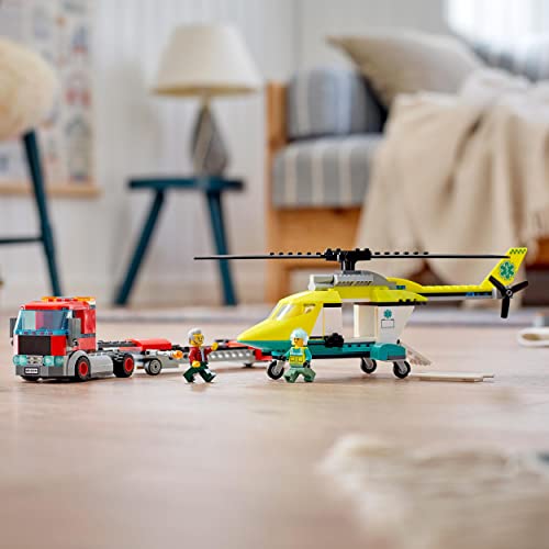 LEGO City Rescue Helicopter Transport 60343 Building Kit for Children Aged 5 and Up, Featuring a Toy Lorry with a Helicopter Trailer, Plus Driver and Pilot Minifigures (215 Pieces)