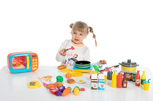 JOYIN 45 PCS Microwave Cooking Play Toy with Pretend Cutting Food Toy & Kitchen Utensil Cookware Pots& Pans Set Kitchen Playset for Kids