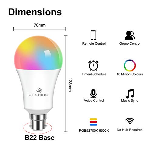Enshine Bayonet Smart Bulb, 15W(100W) WiFi Light Bulbs B22, Colour Changing and Tunable White, Compatible with Alexa and Google Home, 1500 Lumens, Remote Control by APP, No Hub Required (Pack of 1)
