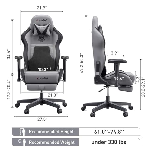 AutoFull C3 Gaming Chair Ergonomic Office Chair with 3D Bionic Lumbar Support, Racing Style Premium PU Leather Computer Chair Gamer Chairs with Footrest and Headrest,Gray,(3-Years Warranty)