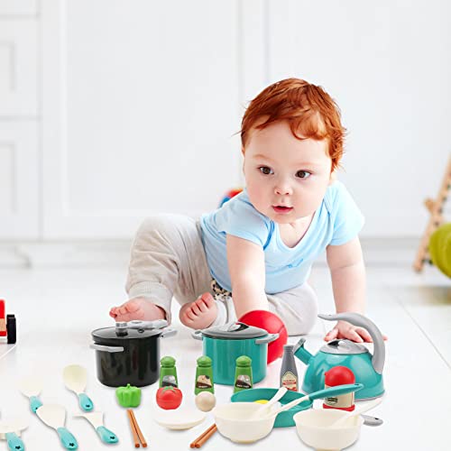 32pcs Kitchen Toys Set, Children Role Play Kitchen Pretend Toys, Cookware Cooking Utensils Pan Toys Kit, Kitchen Accessories Cooking Pots and Pans, Great Gifts for Boys Girls 3 4 5 6 Years Old Green