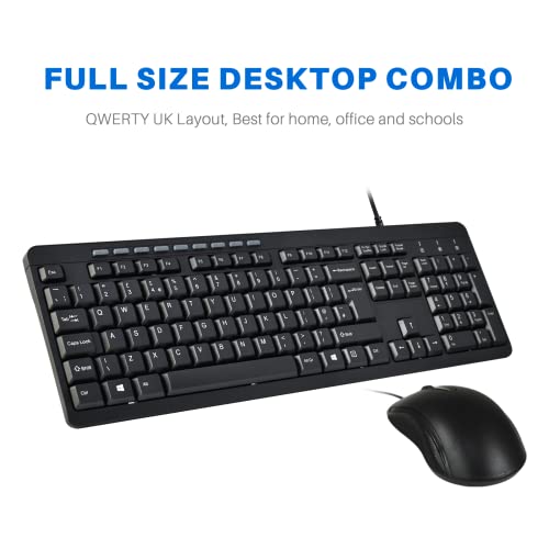 Combrite Wired Keyboard and Mouse Set, Full Size UK Layout Keyboard, Spill Resistant, Dedicated Multimedia Shortcut Keys, Comfort Optical Mouse, for Desktop PC, Laptop Computers, Black