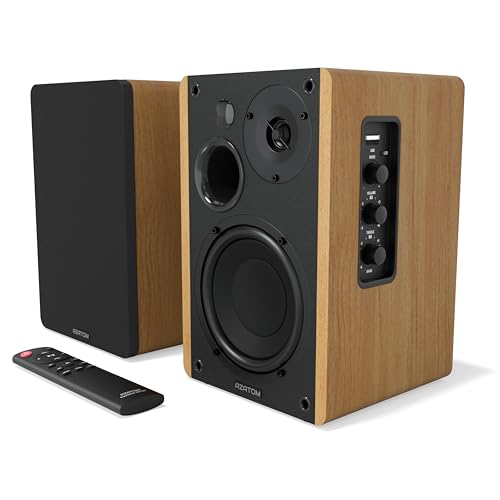 AZATOM EB100 Powered Bookshelf Hifi Speakers, 2.0 Active, Bluetooth, Wired, Wooden Enclosure, Perfect for Music, Vinyl records, Home Theatre, Gaming, Laptops, PC, 50 Watts (Oak)