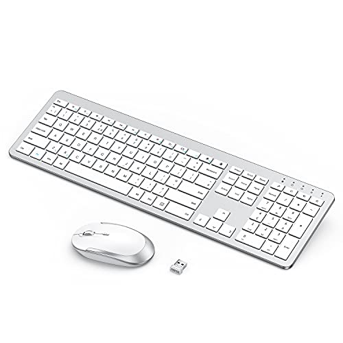 Wireless Rechargeable Keyboard and Mouse Set, Seenda Full Size Thin Wireless Keyboard and Mouse with Numeric Keypad, Computer keyboard mouse combos for Laptop/PC/Windows, Silver & White