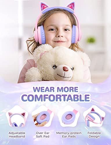 iClever Bluetooth Kids Headphones, BTH13 Cat Ear LED Light Up Wireless 50H Playtime, 74/85/94dB Volume Limiting Children Headphones with Microphone Over for School/Tablet/PC