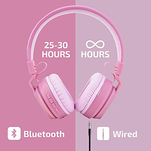 Louise & Mann Kids Bluetooth Headphones with Volume Limit, Over Ear Headphones for Kids, Foldable On Ear Headphones with Microphone, Micro SD/TF for School, Travel, Cell Phones, PC, Tablets (Pink)