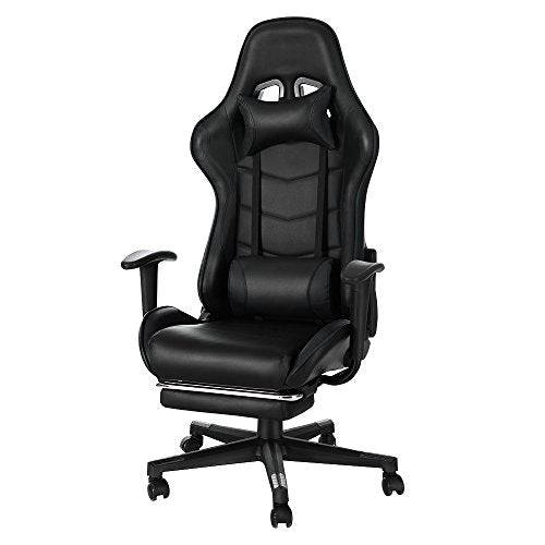 Panana Gaming Chair with Footrest Headrest Lumbar Pillow Swivel Recliner Desk Chair PU Leather (Black)