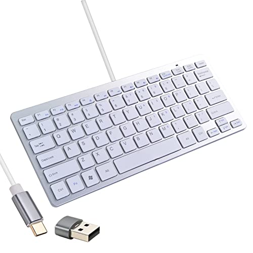 Powboro USB C Mini Keyboard Compact Small Slim Wired Keyboard USB-C Connection,Ultra Thin Design 78 Scissor Keys for Andriod, Computer, Laptop, PC,Desktop (White)