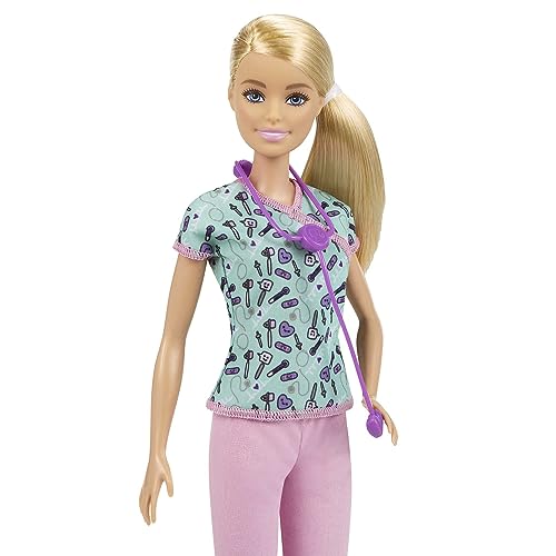 Barbie Nurse Blonde Doll with Scrubs Featuring a Medical Tool Print Top & Pink Pants, White Shoes & Stethoscope, Gift for Ages 3 Years Old & Up - GTW39