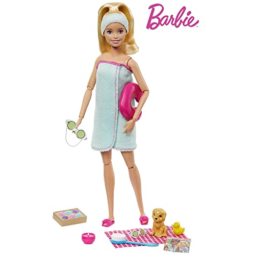 Barbie Spa Doll, Blonde, with Puppy and 9 Accessories, Including Neck Pillow, Rubber Duck and Cucumber Eye Masks, Gift for Kids 3 to 7 Years Old