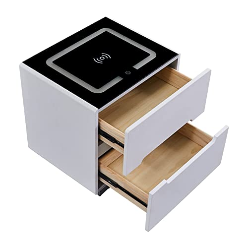 OFCASA 2 Drawers Bedside Table Smart Bedside Table with Wireless Charging Adjustable LED Lights Black Glass Top Nightstand for Bedroom 50 x 42 x 50cm, White