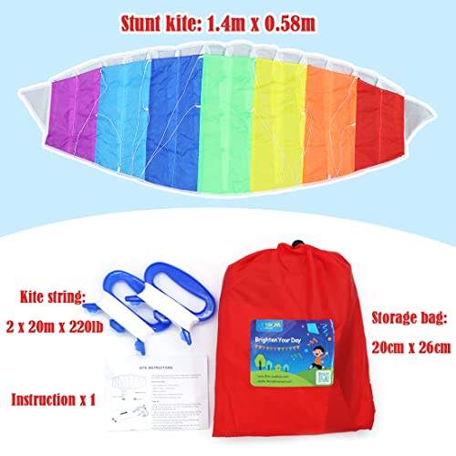 9KM DWLIFE Rainbow Stunt Kite,1.4m Dual Line Power Kite for Children and Adults,Sport Parafoil Parachute Kite with Kite String Handle,Outdoor Seaside Beach Toy