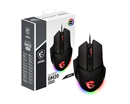 MSI CLUTCH GM20 ELITE Gaming Mouse - 6400 DPI Optical Sensor, Right-Handed, 20M+ Click Switches, 6-Buttons, Adjustable Weight System, 1ms Latency, RGB Mystic Light, 98-109g - Wired
