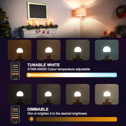 DUSKTEC Bluetooth Smart Bulbs 12W 1300LM, Bayonet Light Bulb 130W Equivalent, B22 LED Bulb Work with Alexa, Warm White to Cool White Dimmable, Vioce & App Control A60 Smart Light Bulb, 4 Pack, No Hub