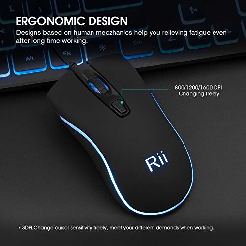 Rii Wired keyboard and mouse, RK105 USB Keyboard and Mouse with Backlit(White Green Blue) for Office Home Business-Full Size Standard UK Layout