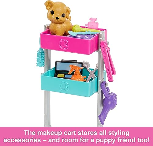 Barbie “Malibu” Stylist Doll & 14 Accessories Playset, Hair & Makeup Theme with Puppy & Styling Cart, HNK95