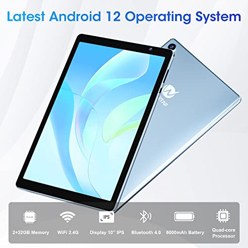 WeTap Tablet 10.1 Inch M10 Android 12.0, 2GB RAM 32GB Storage, Dual Camera, Quad-Core Processor, 1280x800 IPS HD Screen, Wi-Fi6 Bluetooth 6000mAh, Google GMS Certified（Light Blue）