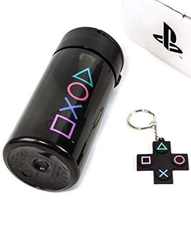 PlayStation Water Bottle & Keychain Gift For Adults & Kids | Gaming Sports Drink 18oz | Boy & Girl Gamer Present | Black Waterproof & Straw Drinking Cup
