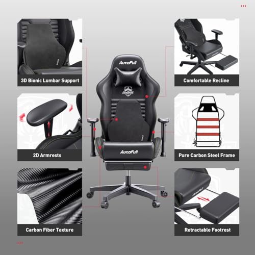 AutoFull C3 Gaming Chair Ergonomic Office Chair with 3D Bionic Lumbar Support, Racing Style Premium PU Leather Computer Chair Gamer Chairs with Footrest and Headrest,Black,(3-Years Warranty)