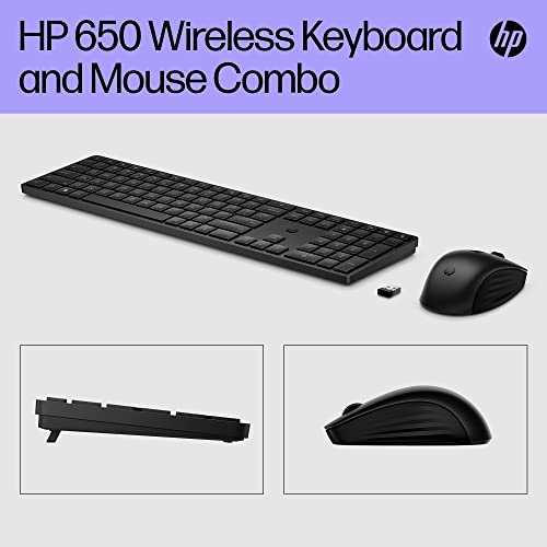 HP 650 Wireless Keyboard & Mouse Set. 20+ customisable keys and mouse sensitivity, 20+ months battery, multi-surface use, made with 60% recycled materials. 4 batteries and nano dongle included