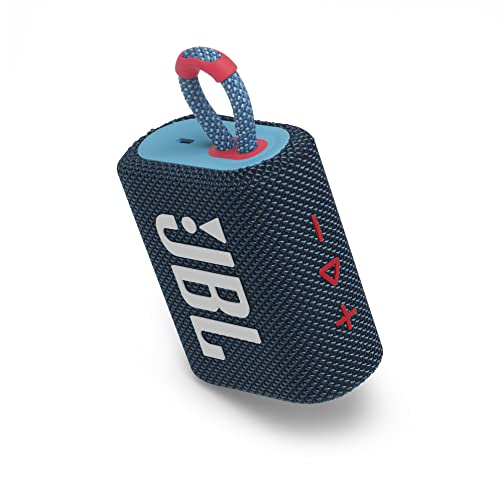 JBL GO 3 - Wireless Bluetooth portable speaker with integrated loop for travel with USB C charging cable, in blue and pink