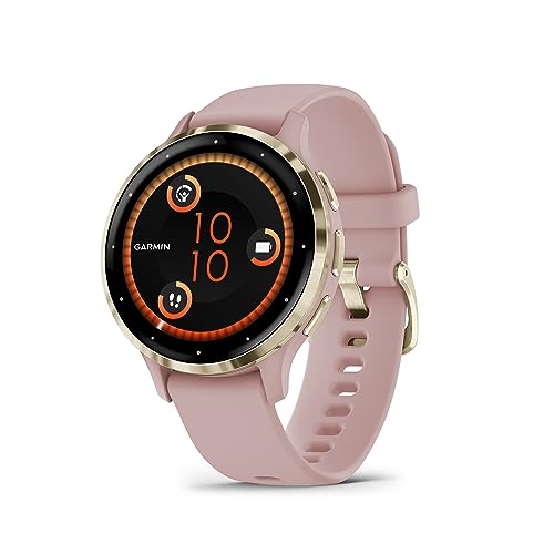 Garmin Venu 3S AMOLED GPS smaller sized Smartwatch with All-day Health Monitoring and Voice Functionality, Soft gold stainless steel bezel with dust rose case and silicone band