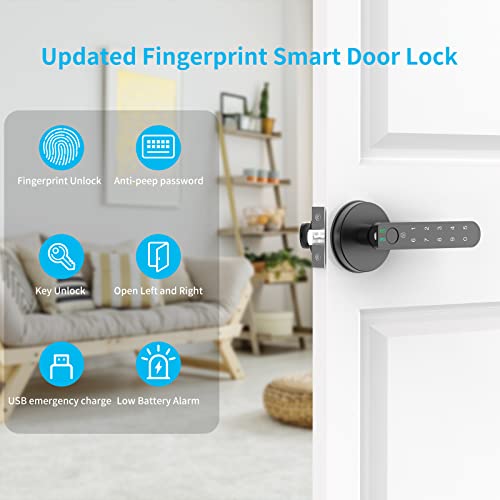BIWIBON Fingerprint Door Lock with Keypads, Handle, Passwords, Fingerprint Door Knob Keyless Entry Door Lock for Home/Office/Bedroom/Apartment Black