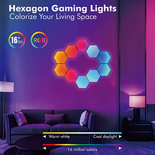 Hexagon Lights LED Light Panels,Smart RGB LED Wall Lights App & Remote Control Gaming Lights Music Sync Hexagon Light Panels DIY Geometry Ambience Lighting for Gaming Room Bedroom Streaming,10 Panels
