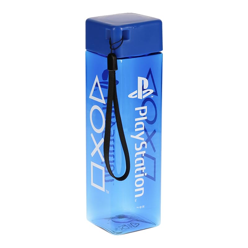 Paladone Playstation Square Travel Plastic Water Bottle With Wrist Strap Playstation Gifts 500Ml (17 Fl Oz), Black